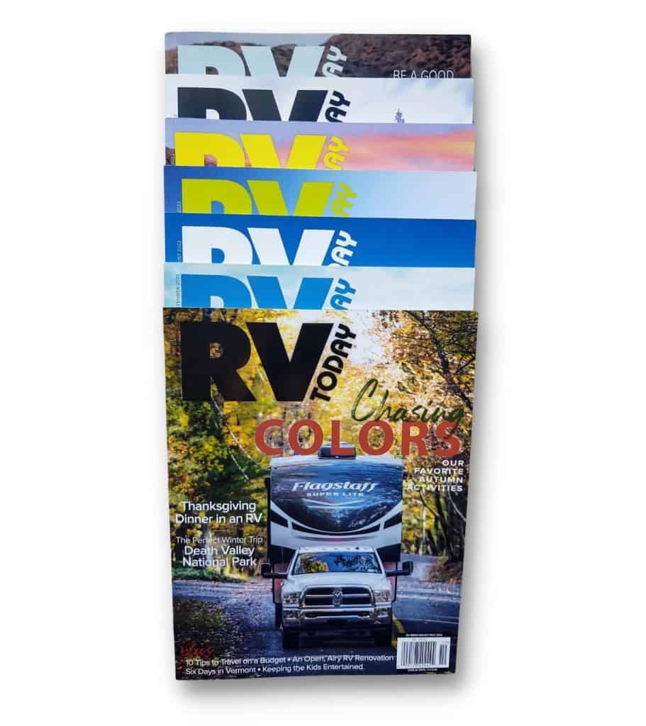STACK OF MOST RECENT RV TODAY MAGAZINES WITH CHASING COLORS ISSUE ON TOP | RV TODAY MAGAZINE