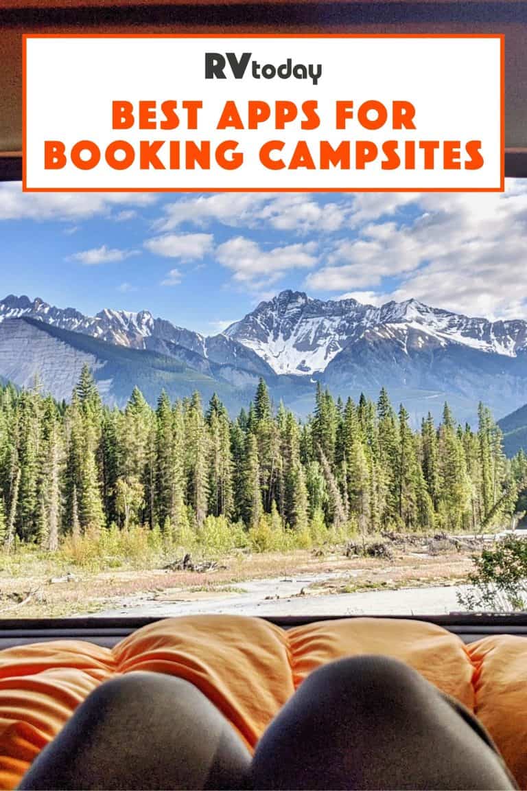 An RVer books a campsite with mountain views | Pinterest Pin | RV Today