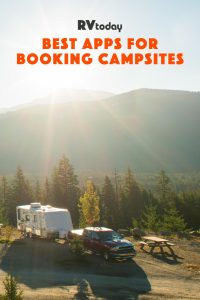 An RVer books a campsite with mountain views and picnic table | Pinterest Pin | RV Today
