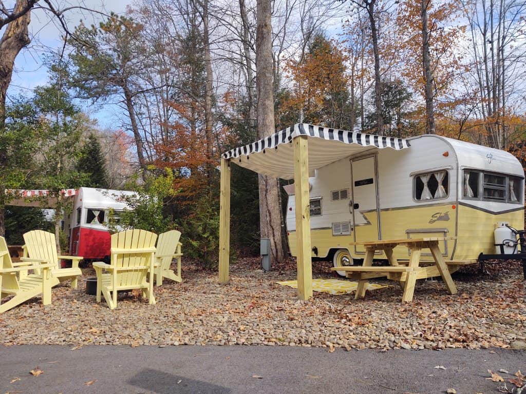Red and yellow vintage Shastas are available to camp in | Great Smoky Mountains camping at Camp LeConte Luxury Outdoor Resort | Photo: Jamie May | RV Today